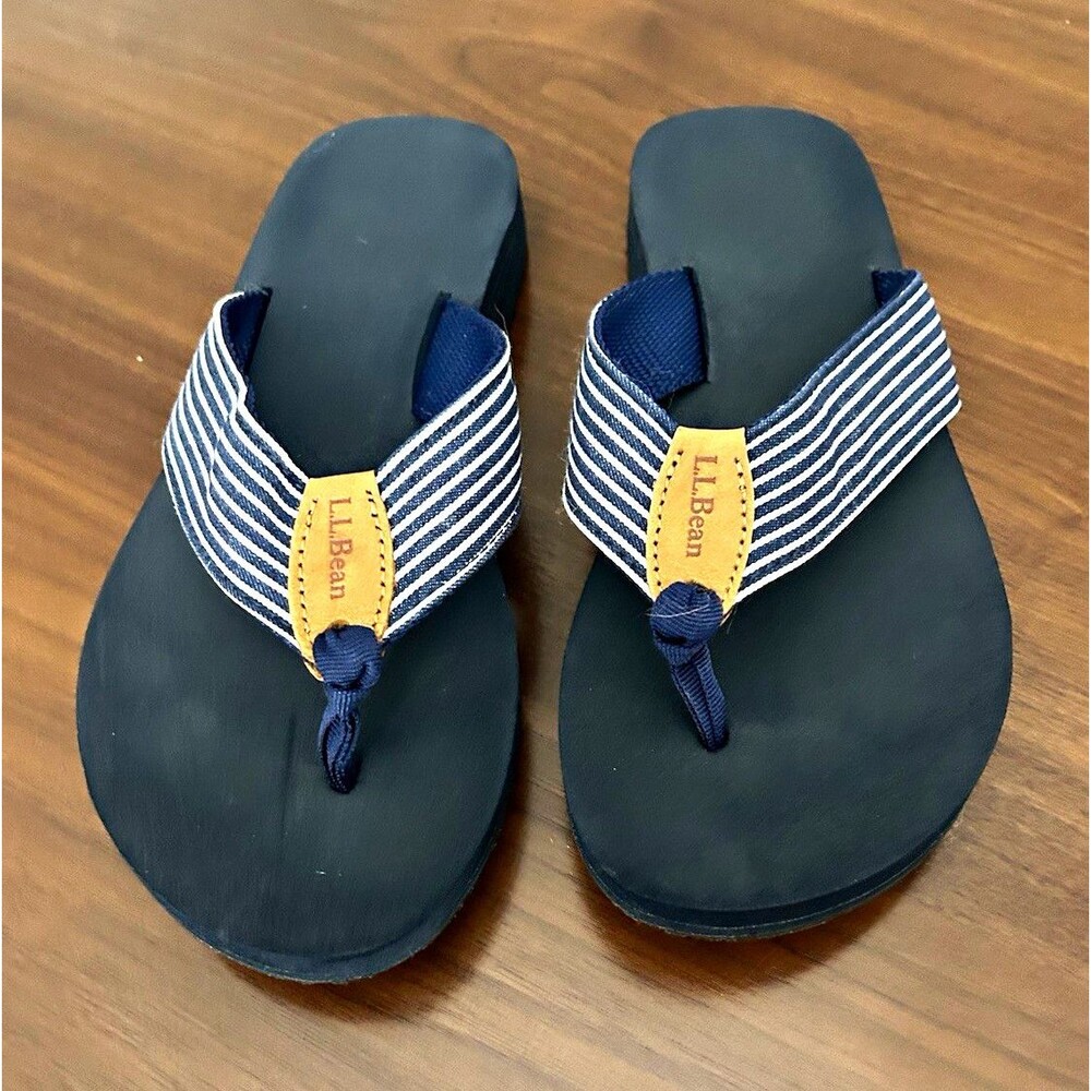 L.L.Bean Women’s Blue White Black Striped Fabric Thong Slip-On Sandals US 7